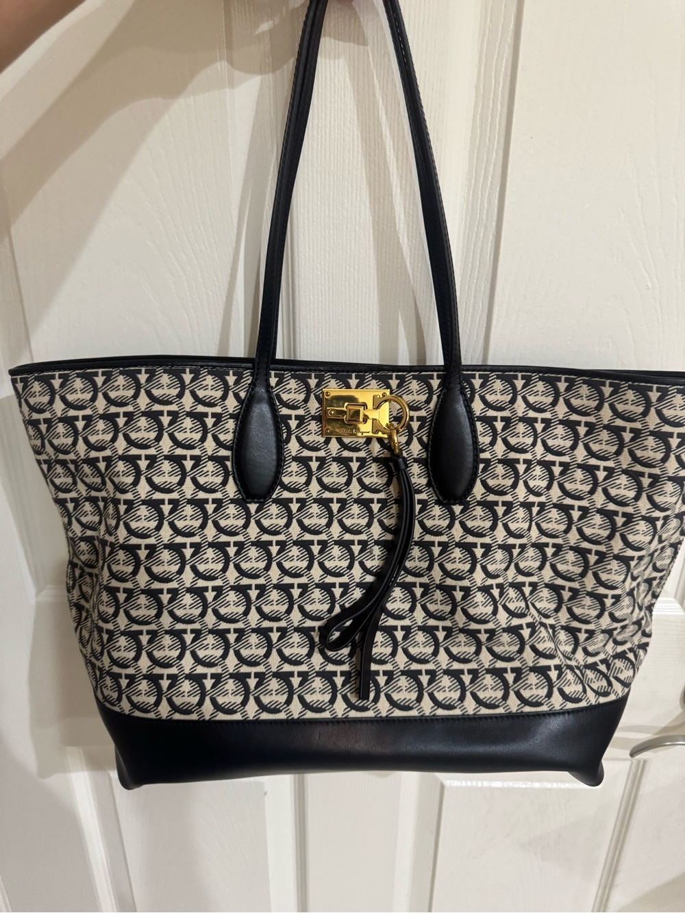 Salvatore Ferragamo Black and Cream Signature Canvas Tote with Gold Hardware